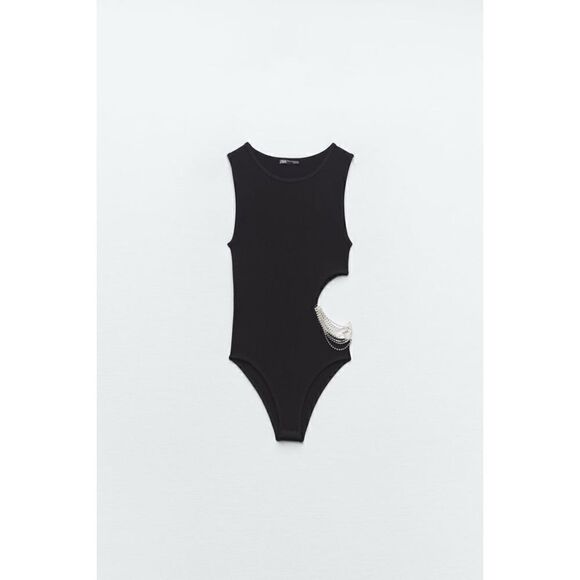NWT Zara Black Ribbed Limitless Contour Collection Cutout Jewel Bodysuit, XS-S - Picture 6 of 13